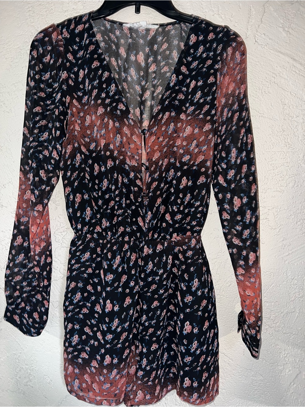 Floral V-Neck Long Sleeve Mini romper in Black and Rust - Picture 1 of 2